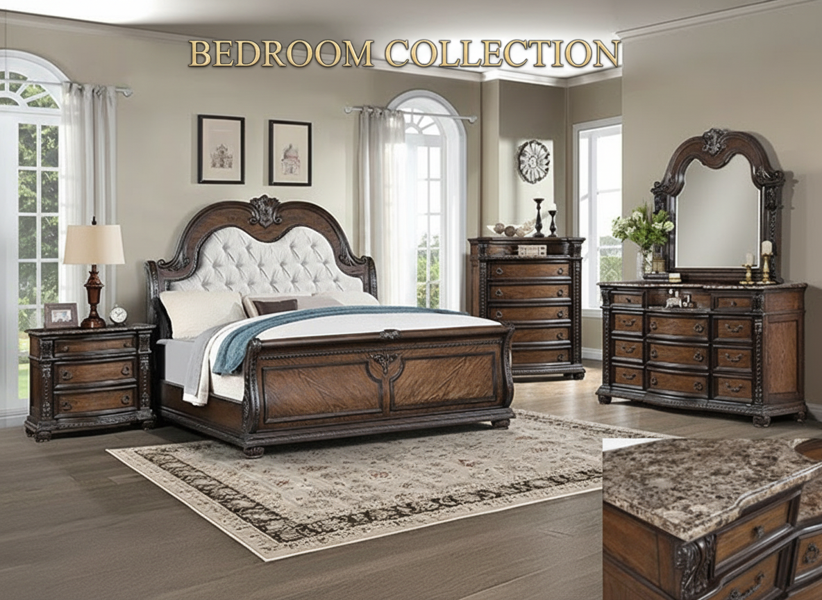 Luxurious bedroom with wooden furniture including a bed, dresser, and nightstands.