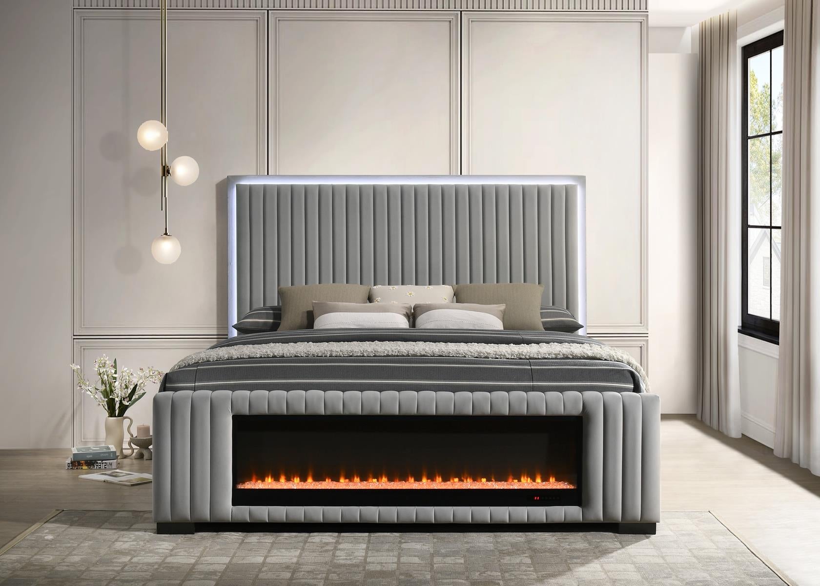 Velvet Amber LED fireplace platform bed